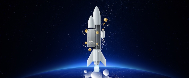 A rocket launching with CubeSats deploying from both a CSD (larger satellites) and a P-POD (smaller satellites).